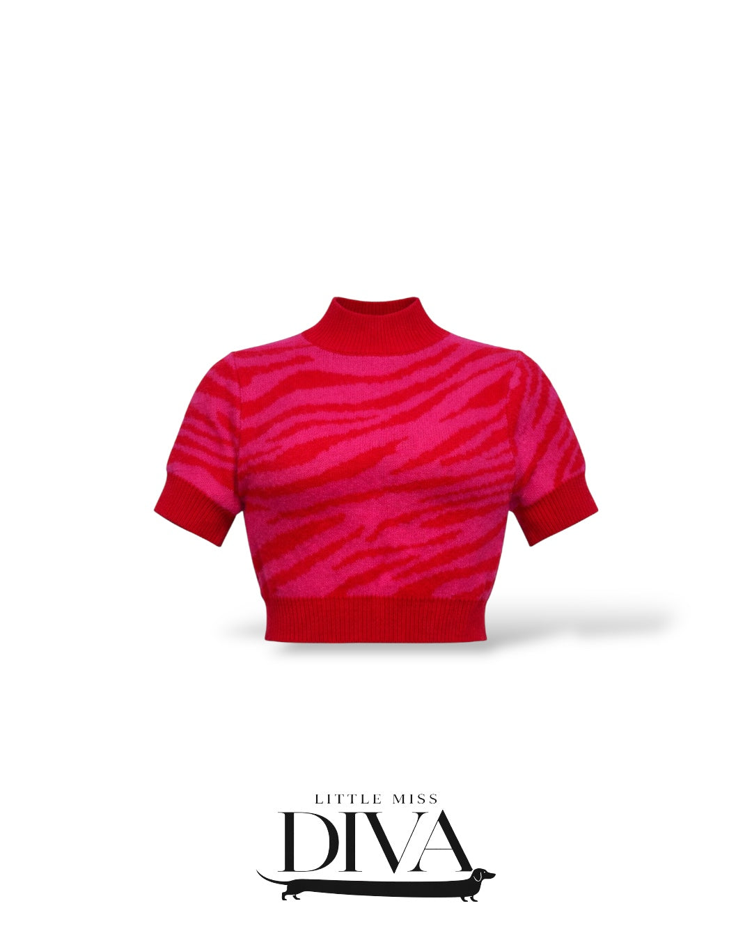 Pink zebra print knit crop top with short sleeves and mock neck