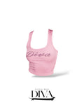 Pink ribbed tank top with rhinestone “Diva” lettering and fitted silhouette for bold statement styling