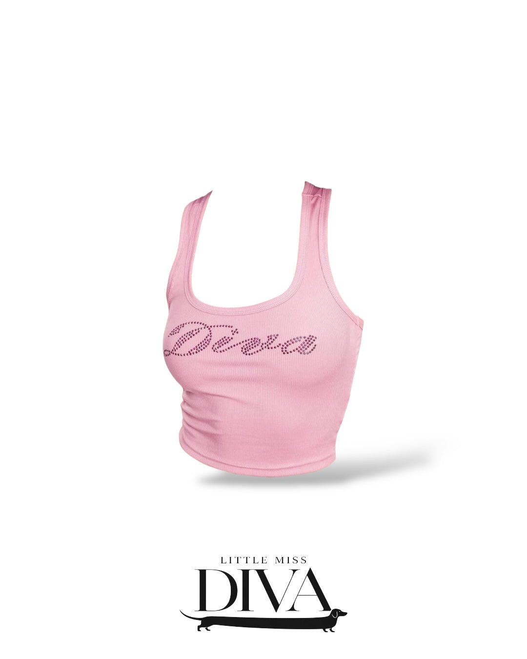 Pink ribbed tank top with rhinestone “Diva” lettering and fitted silhouette for bold statement styling
