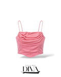 Pink draped corset-style crop top with spaghetti straps and structured fitted bodice