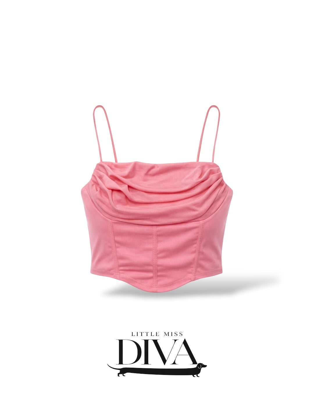 Pink draped corset-style crop top with spaghetti straps and structured fitted bodice
