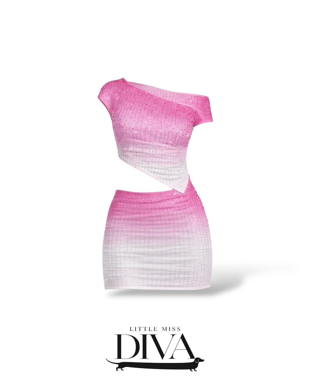 Pink ombre rhinestone two piece set with one shoulder cutout top and fitted mini skirt