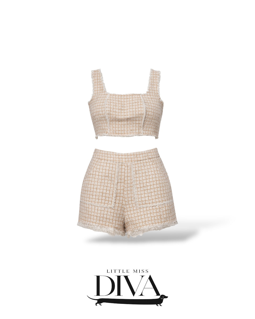 Plaid two-piece set with cropped top and high-waisted shorts