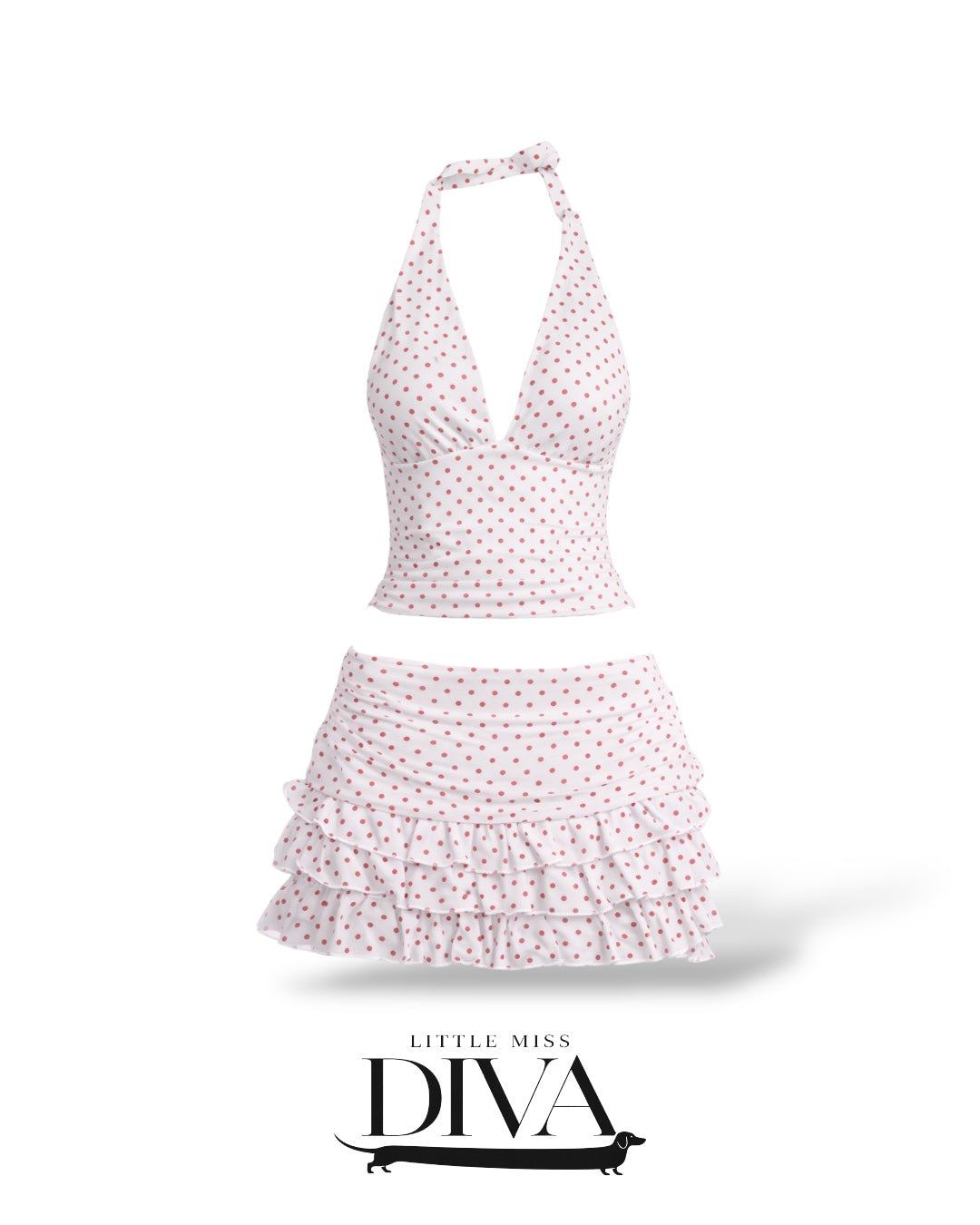 White polka dot two-piece set featuring halter top with deep V neckline and ruffled mini skirt