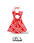 Red halter mini dress with white floral print and front cutout detail