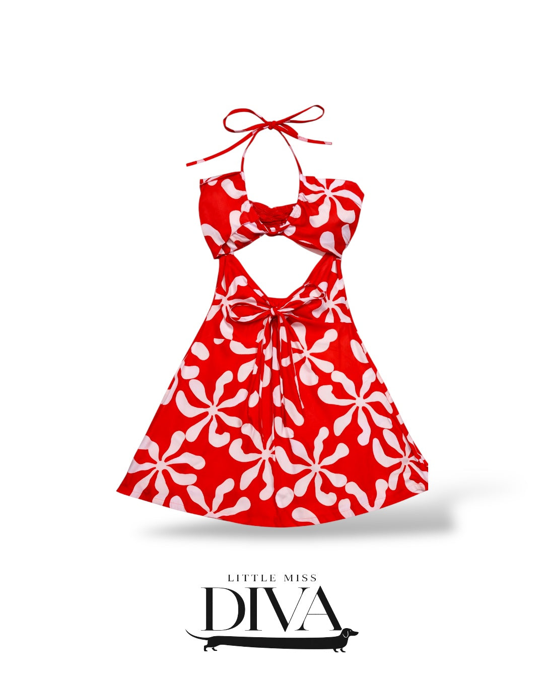 Red halter mini dress with white floral print and front cutout detail