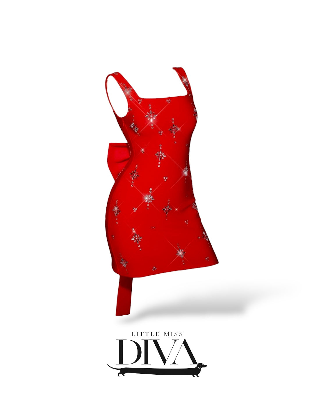 Red embellished mini dress with crystal-style detailing and back bow