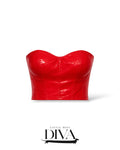 Red faux leather strapless bustier top with fitted structured silhouette
