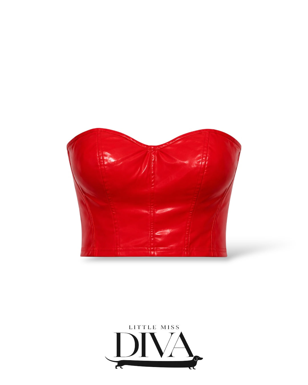 Red faux leather strapless bustier top with fitted structured silhouette