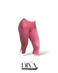 Red gingham capri pants with fitted silhouette and cropped length in classic checkered pattern