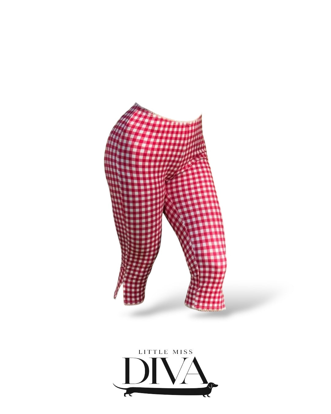 Red gingham capri pants with fitted silhouette and cropped length in classic checkered pattern