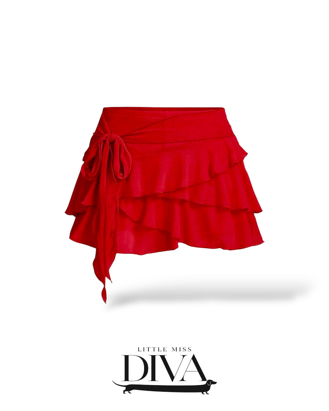 Red ruffle wrap mini skirt with layered hem and tie waist detail