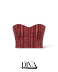 Red textured strapless bustier top with structured fitted silhouette