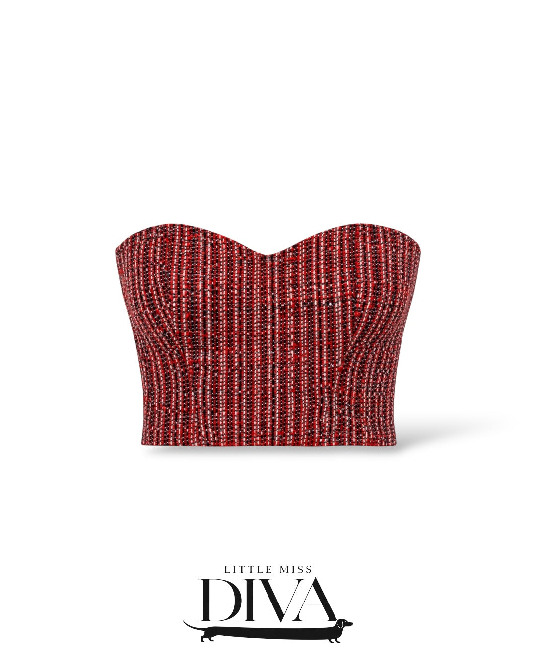 Red textured strapless bustier top with structured fitted silhouette