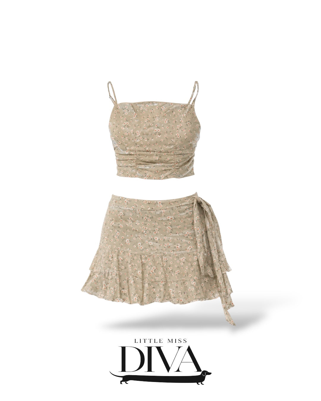 Sage floral two-piece mini set with ruched crop top and wrap skirt
