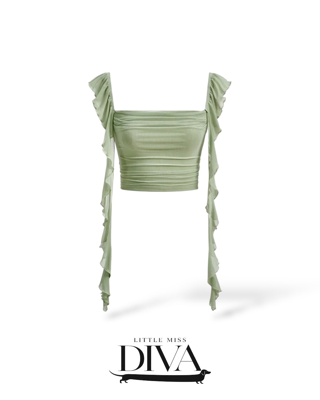 Sage green ruched crop top with ruffle straps and fitted silhouette for birthday and vacation outfits.