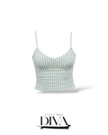 Sage green striped cami top with thin straps and fitted silhouette