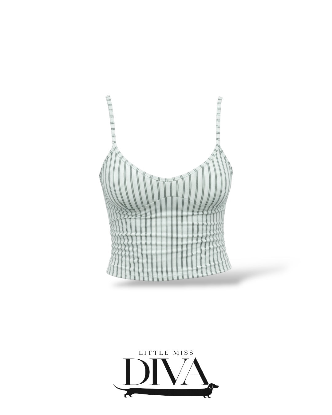 Sage green striped cami top with thin straps and fitted silhouette