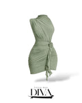 Sage green one-shoulder mini dress with ruched draping and side tie detail