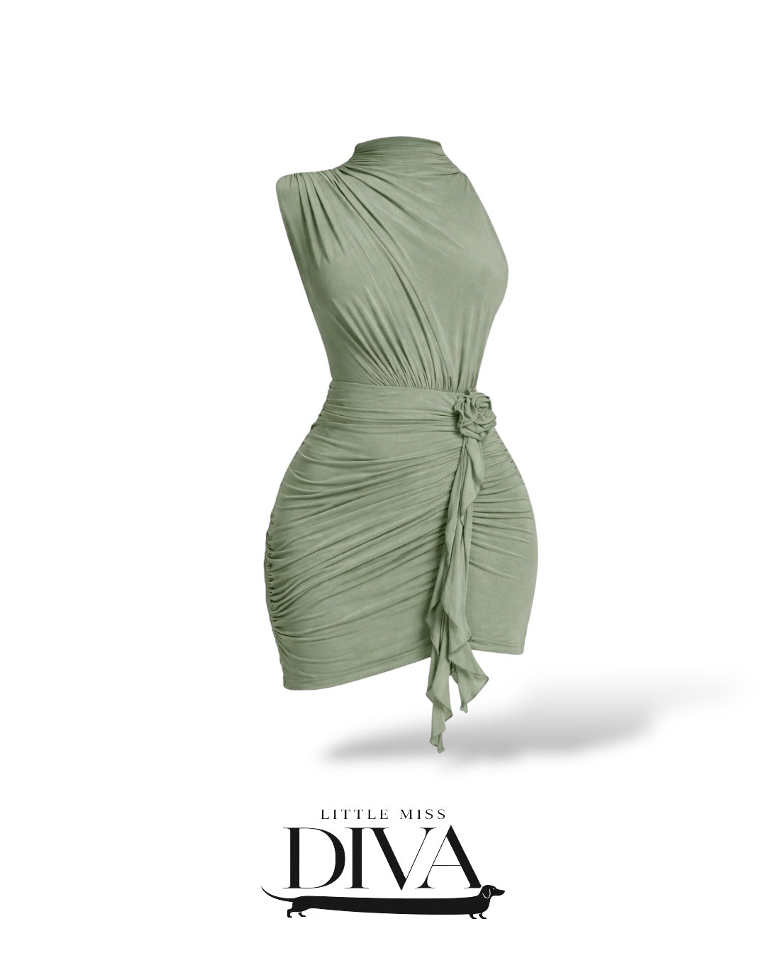 Sage green one-shoulder mini dress with ruched draping and side tie detail