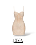 Sheer embellished bustier mini dress with crystal detailing and fitted silhouette