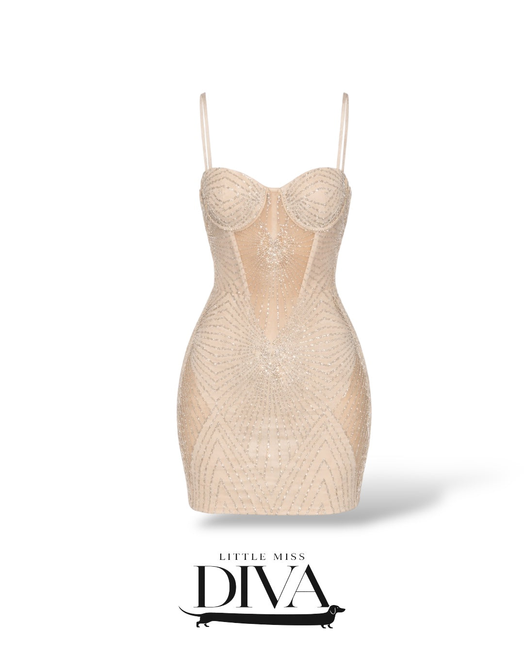 Sheer embellished bustier mini dress with crystal detailing and fitted silhouette