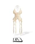 Sheer ruffle halter top with tie front and cascading hem detail