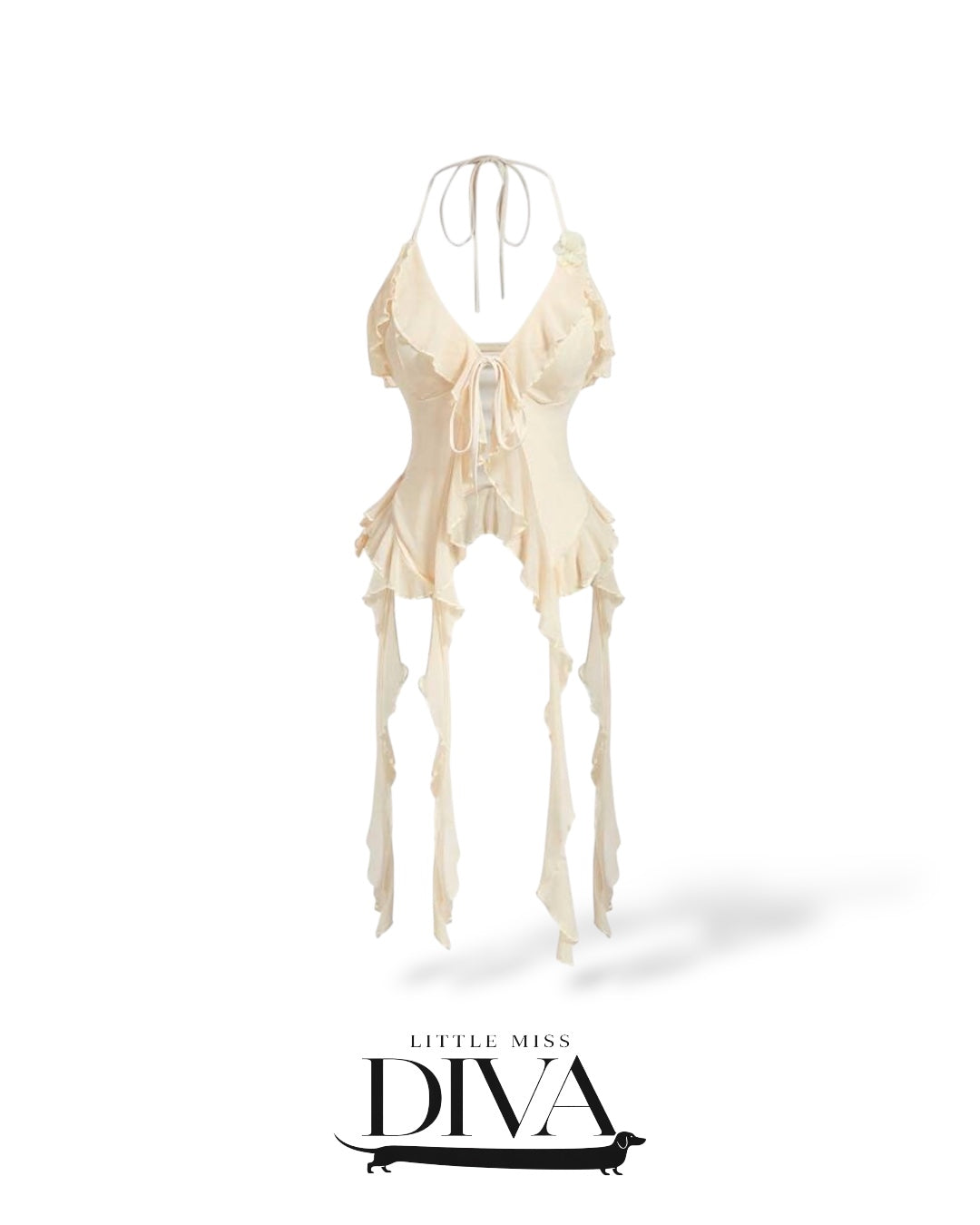 Sheer ruffle halter top with tie front and cascading hem detail