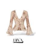 Sheer leopard print blouse with ruffle trim and flared sleeves