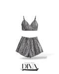 Black and white textured crop top and high-waisted shorts set with abstract vertical pattern