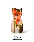 Tropical floral bodycon mini dress with oversized red flower print for birthday and vacation party outfits.