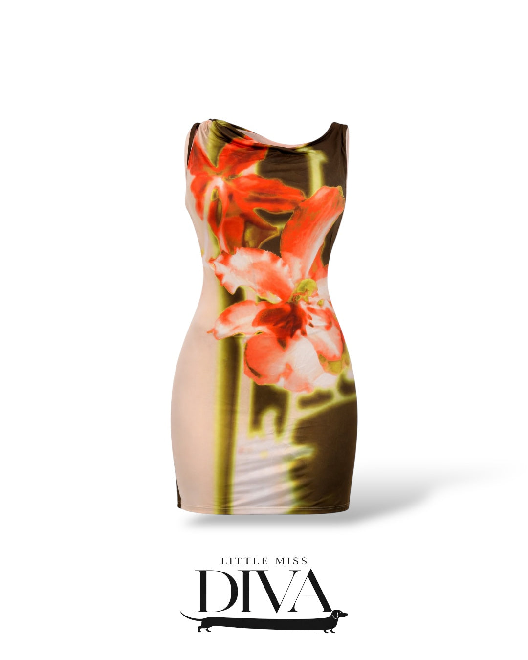 Tropical floral bodycon mini dress with oversized red flower print for birthday and vacation party outfits.