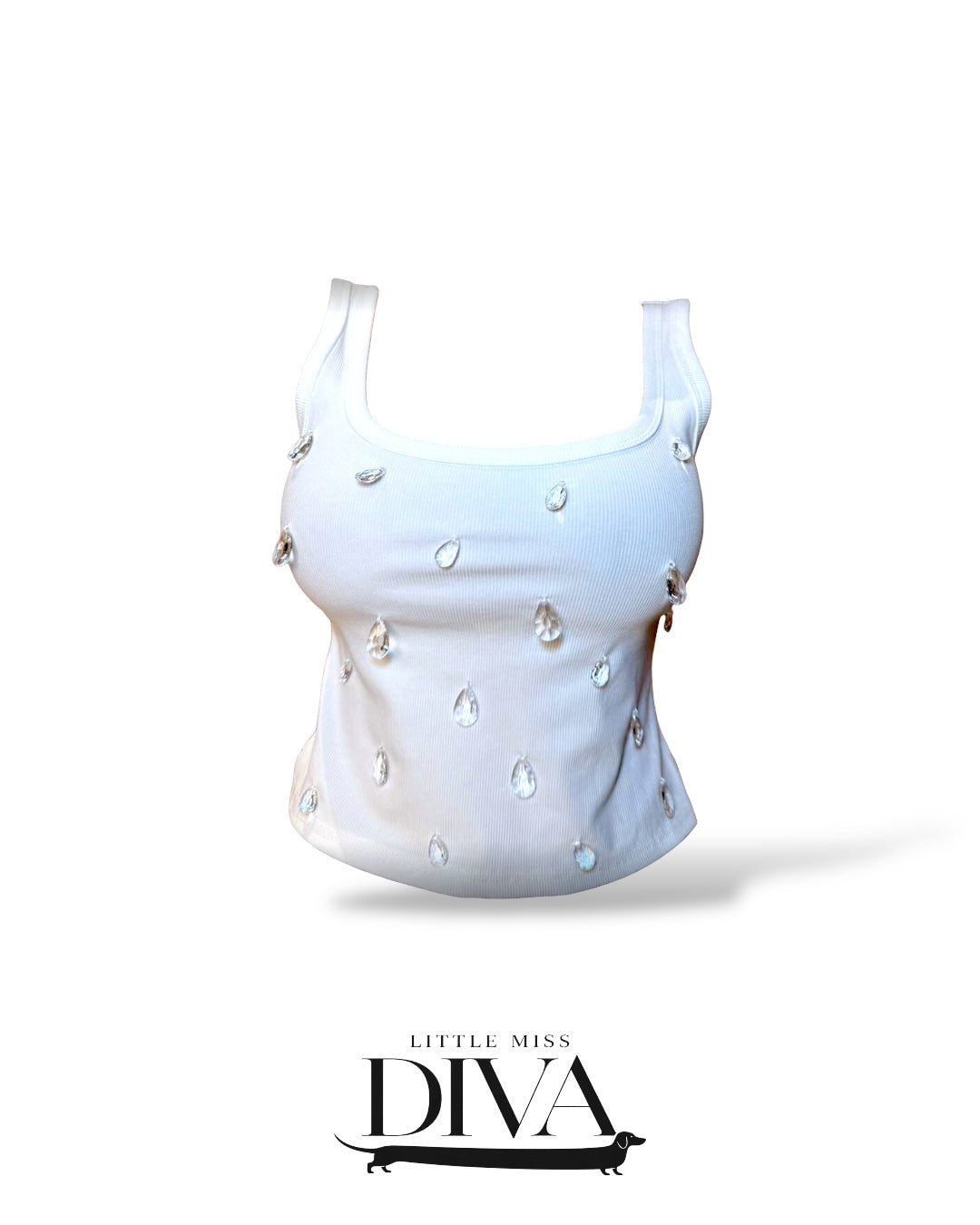 White embellished tank top with crystal-style detailing and fitted silhouette
