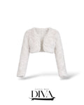 White faux fur cropped jacket with long sleeves and soft texture