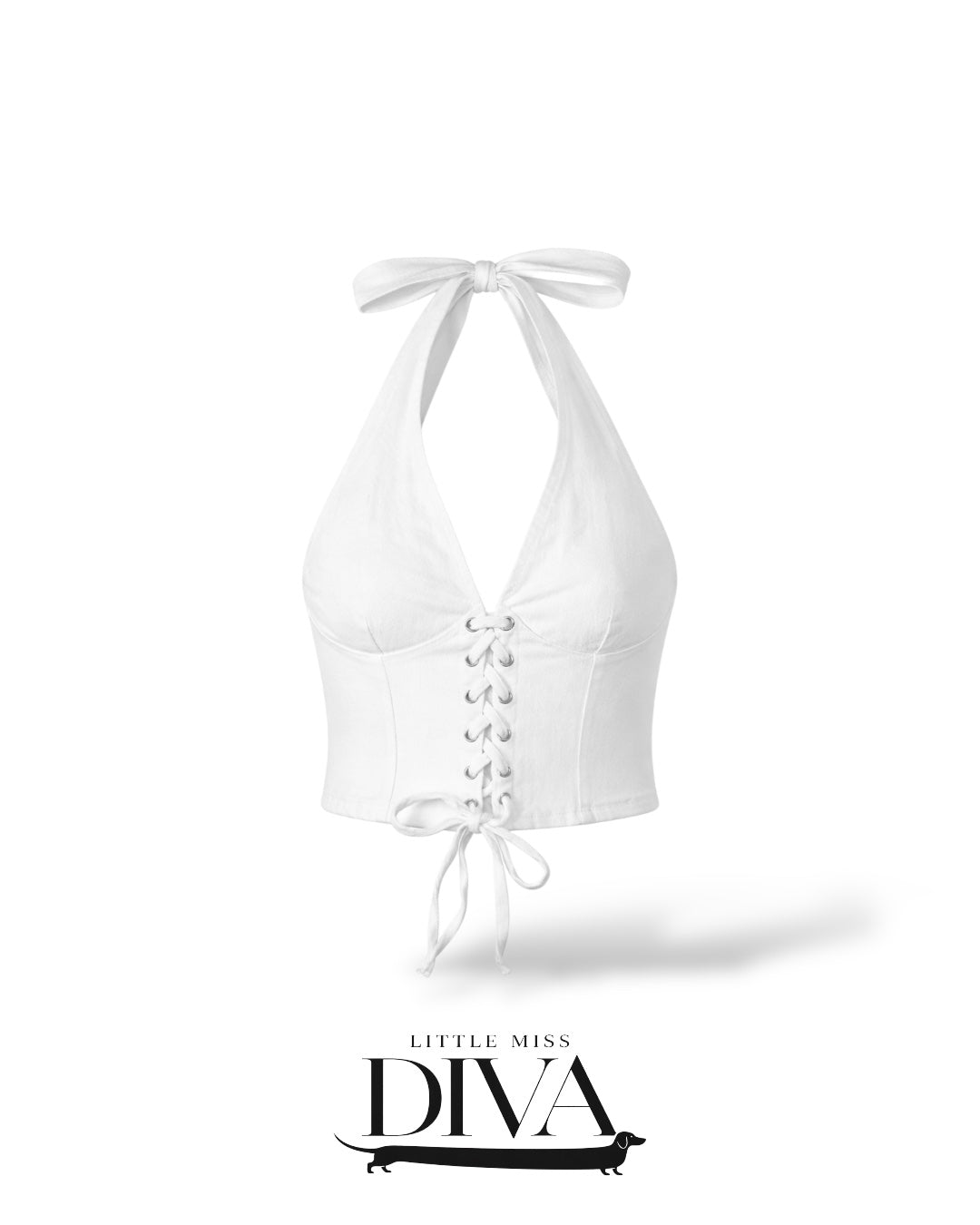 White halter lace-up corset top with plunging neckline and adjustable tie detail for party and birthday outfits.