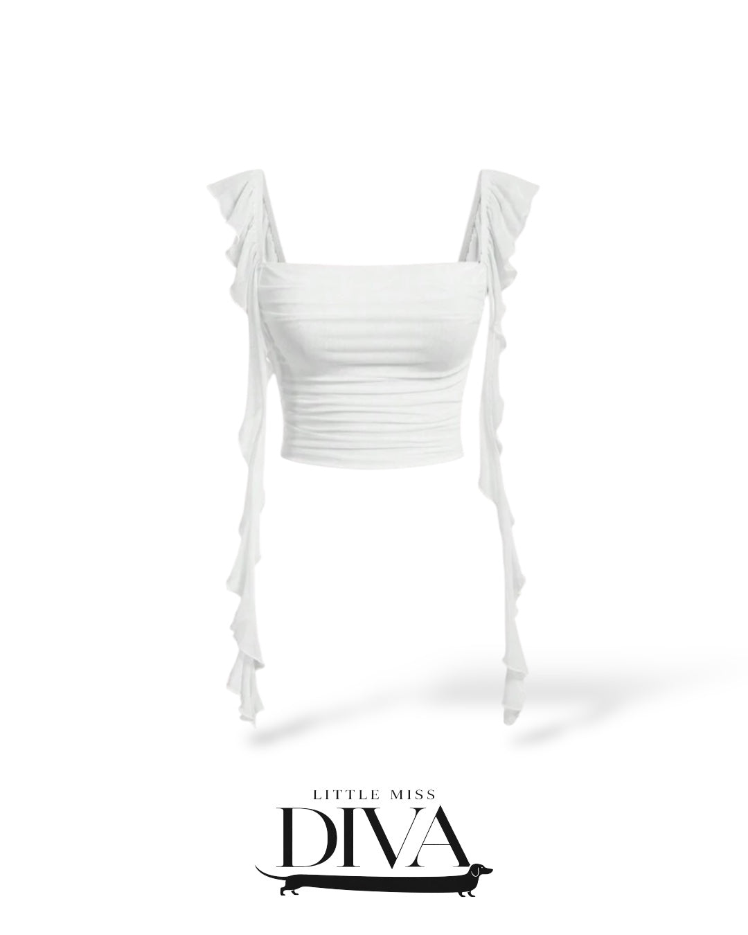 White ruched crop top with ruffle straps and fitted silhouette for birthday and special occasion outfits.