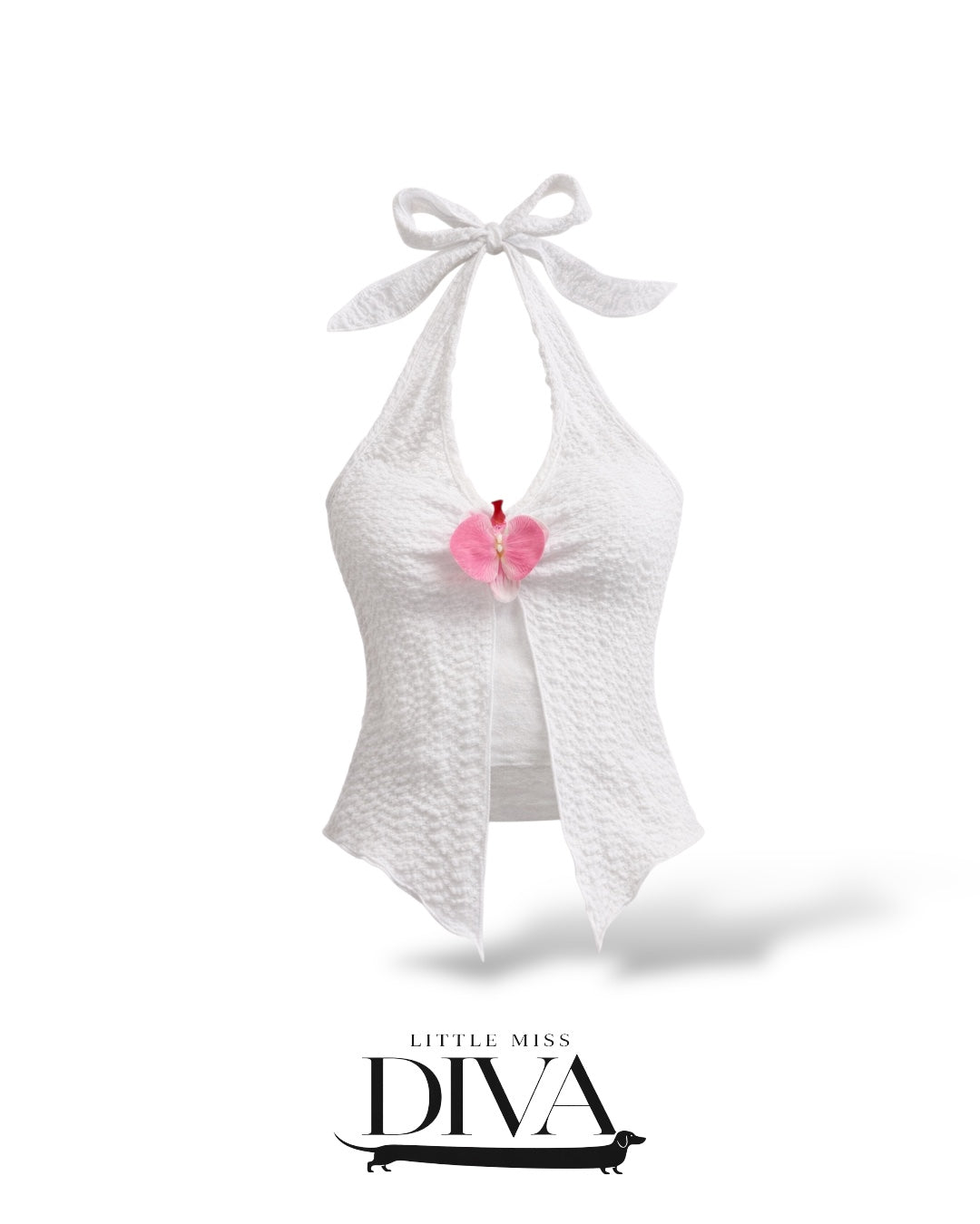 White textured halter top with front tie and pink floral accent